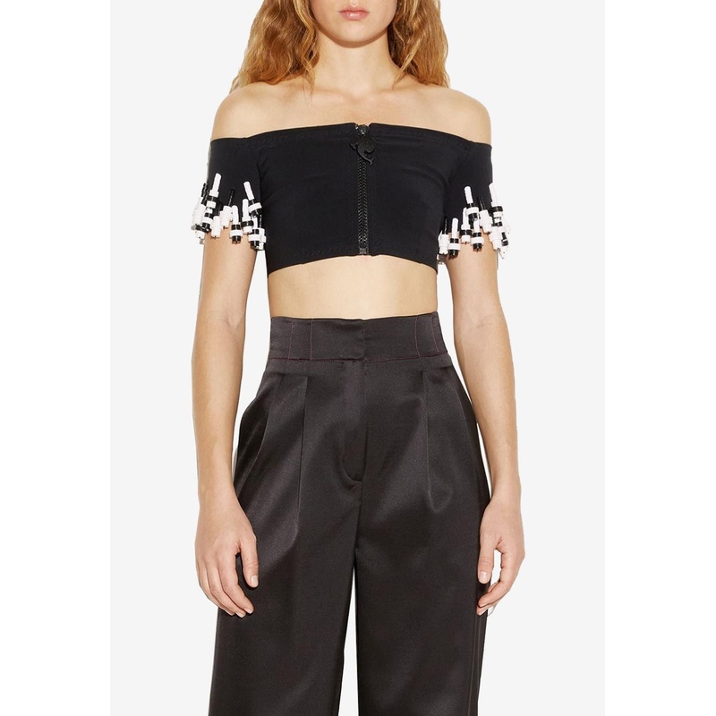Fringe-Trimmed Off-Shoulder Cropped Top Black wrtwit_IT 40