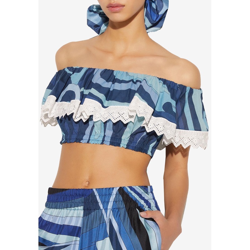 Marmo-Print Off-Shoulder Cropped Top Blue wrtwit_IT 40
