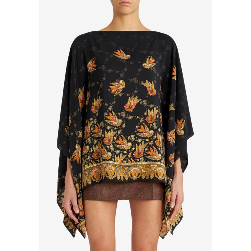 Bird Motif Silk Poncho Multicolor wrtwonesize_Onesize