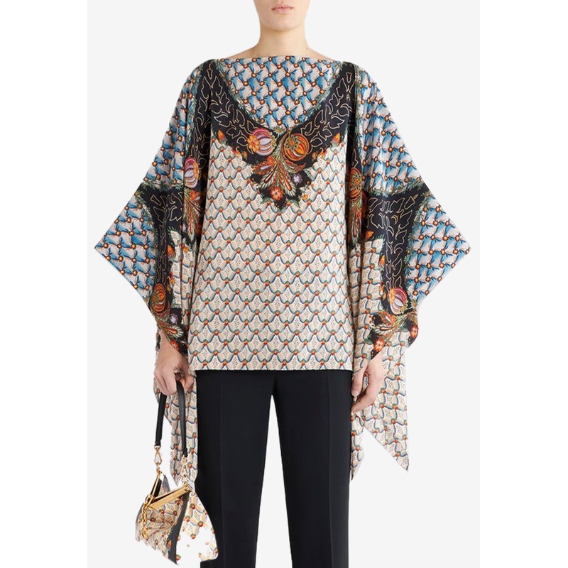 Floral Print Silk Poncho Multicolor wrtwonesize_Onesize