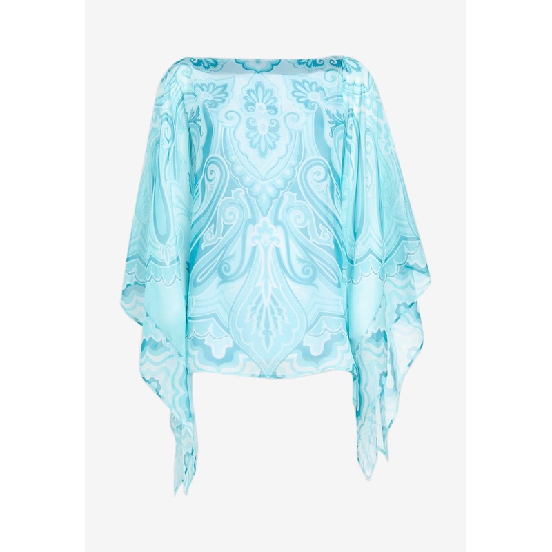 Floral Wave Silk Poncho Blue wrtwonesize_Onesize