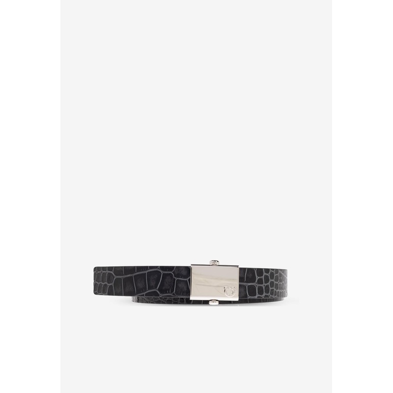 Croc-Embossed Leather Reversible Belt Black 85