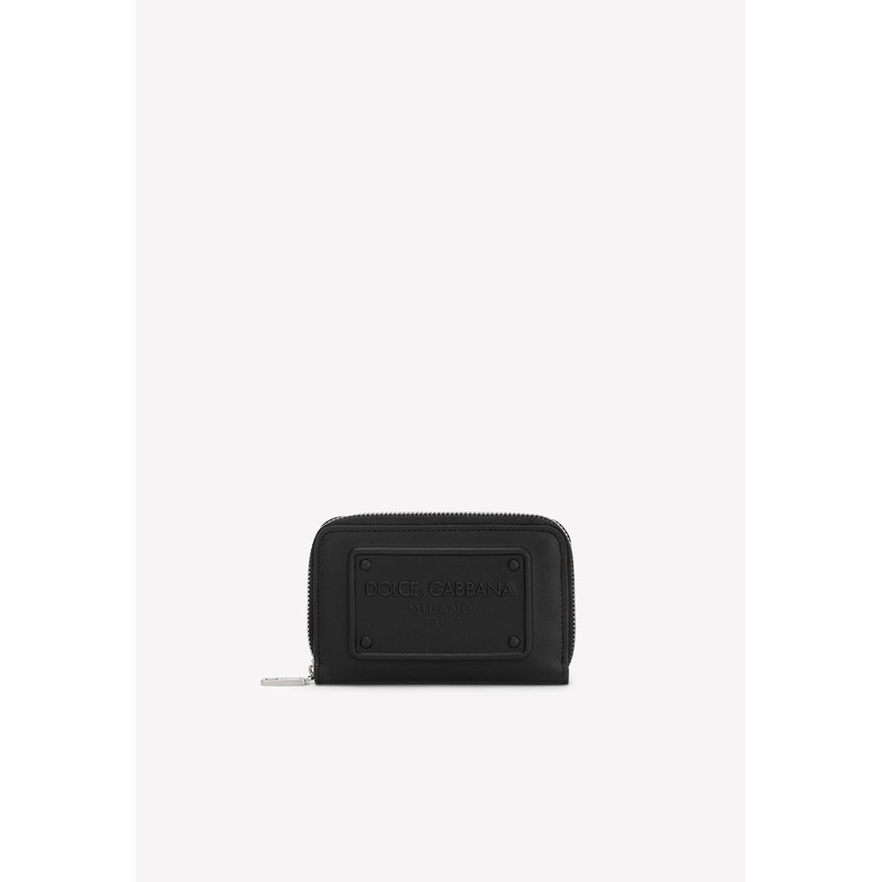 Small Zip-Around Wallet in Calfskin with Embossed Logo Black Onesize