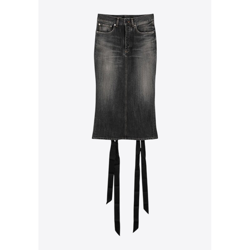 Lace-Up Faded Midi Denim Skirt Gray wrtwfr_FR 38