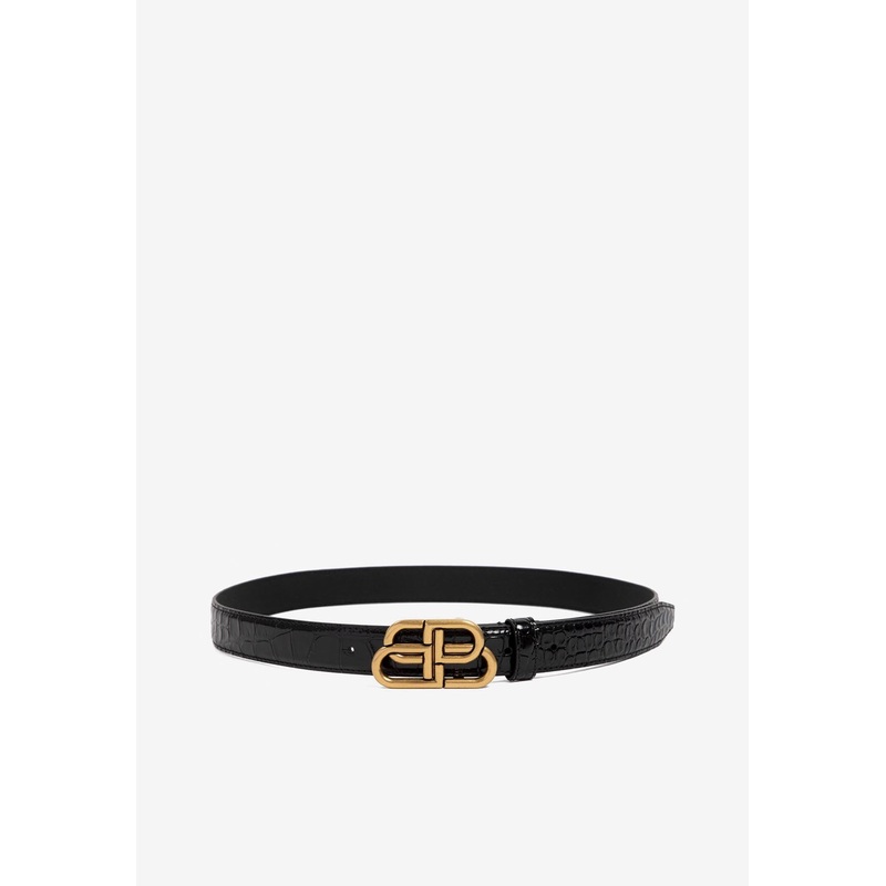 BB Logo Croc-Embossed Leather Thin Belt Black 70