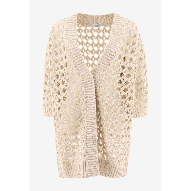Knitted Mesh V-neck Cardigan Beige wrtwstd_S