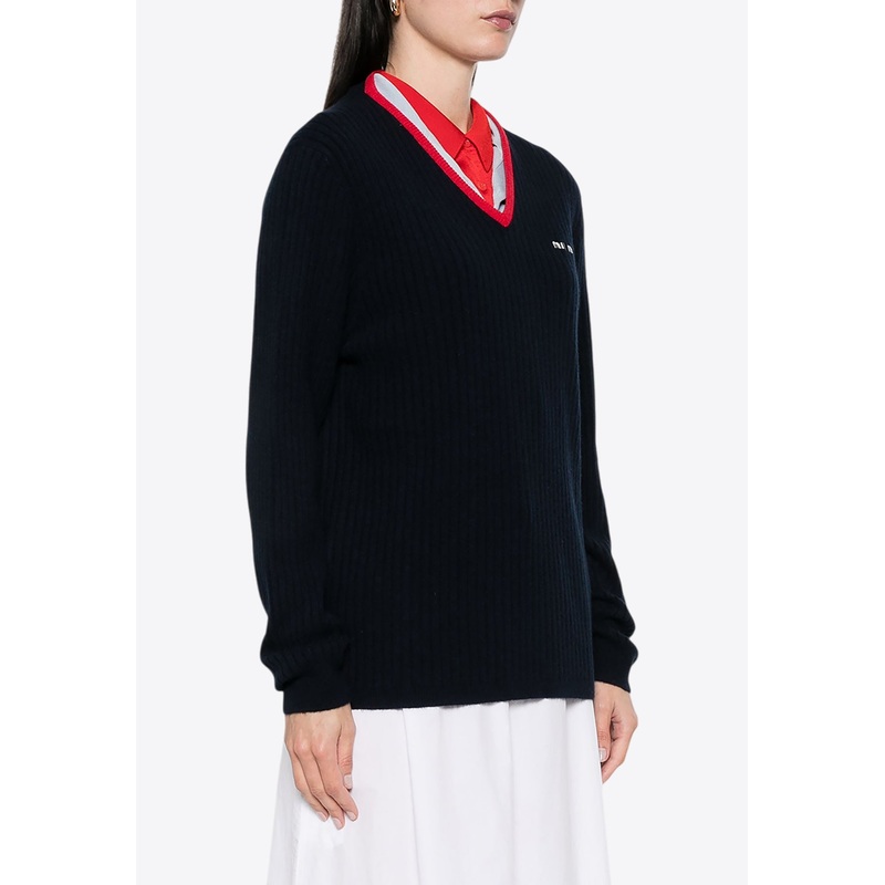 V-neck Cashmere Logo Sweater Navy wrtwit_IT 38