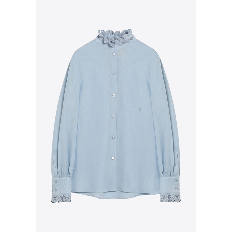 Ruffle-Trimmed Linen Shirt Blue wrtwit_IT 42