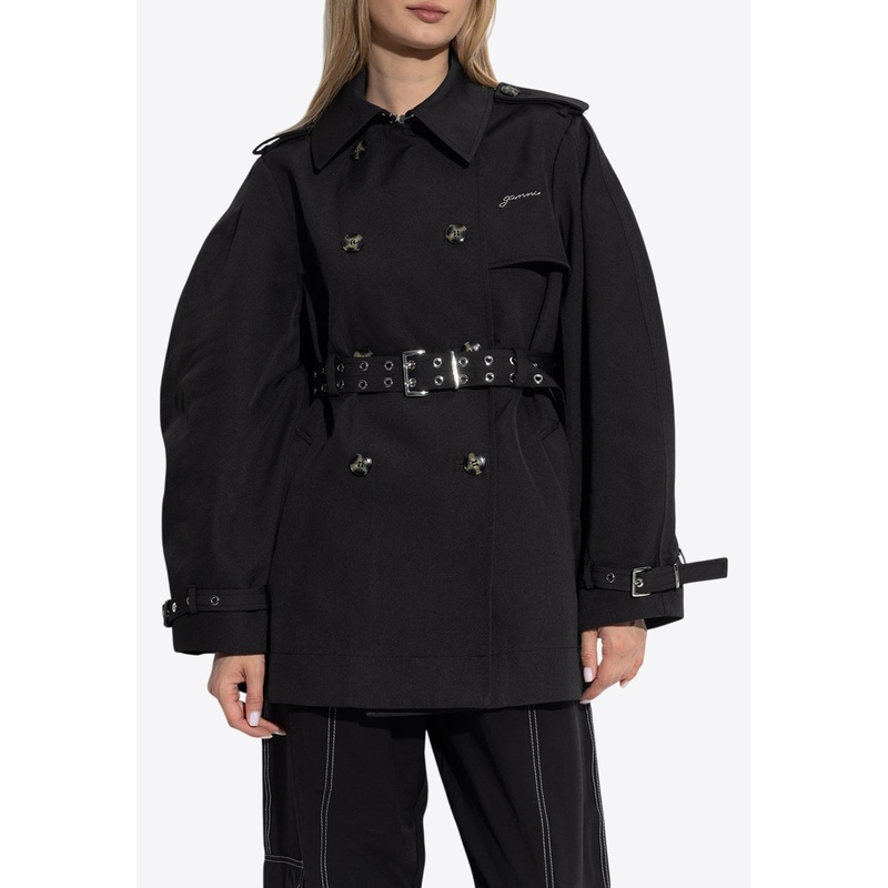 Double-Breasted Belted Short Trench Coat Black wrtwde_DE 34