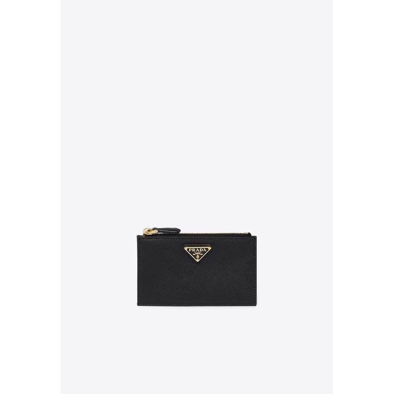 Triangle Logo Saffiano Leather Zipped Cardholder Black Onesize
