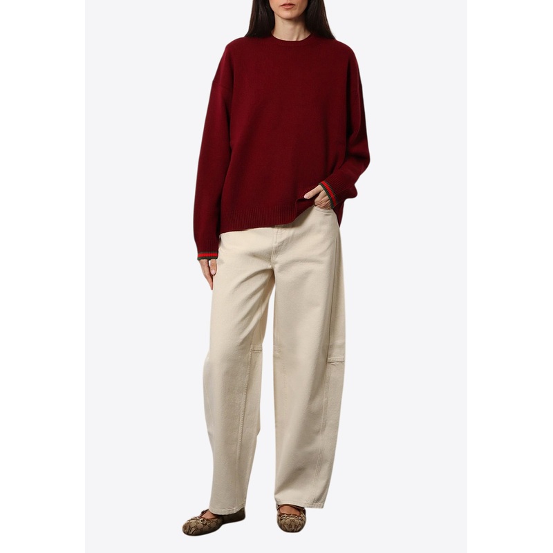 Web Band Trimmed Wool and Cashmere Sweater Burgundy wrtwstd_XS
