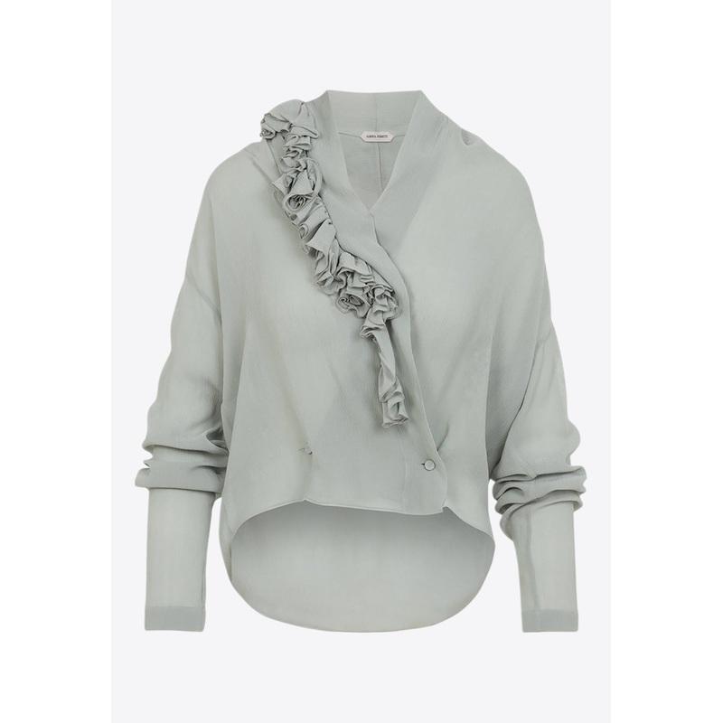 Ruffled Sheer V-neck Top Gray wrtwit_IT 38