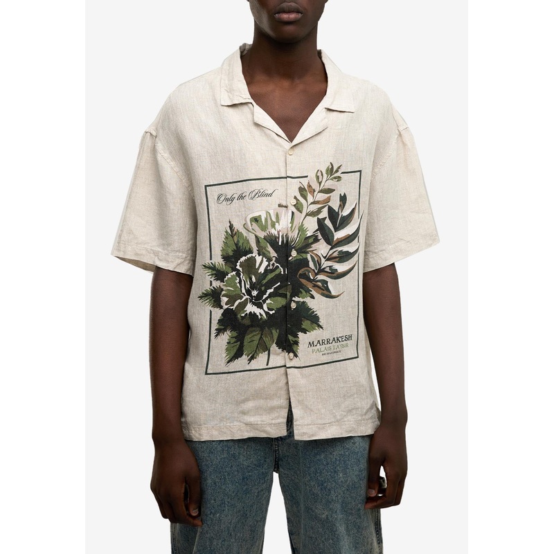Botanical Print Linen Shirt Beige mrtwstd_XS