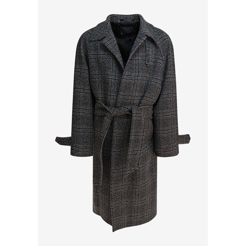 Single-Breasted Checked Wool Long Coat Gray mrtwstd_1