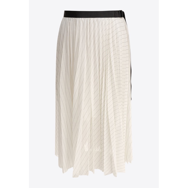Stripe Pleated Midi Skirt with Belt White wrtwsacai_2
