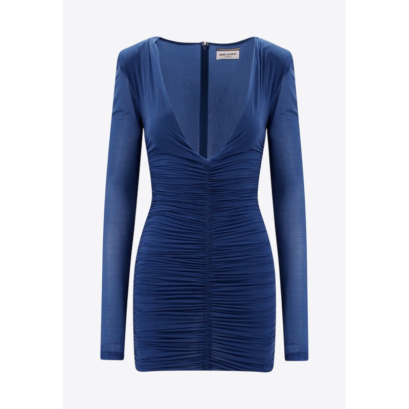 Ruched Mini Dress with Deep V-Neckline Blue wrtwit_IT 36