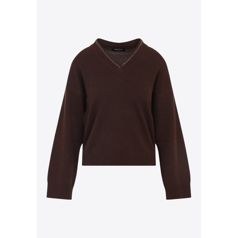 V-neck Sweater in Wool, Silk and Cashmere Brown wrtwit_IT 38