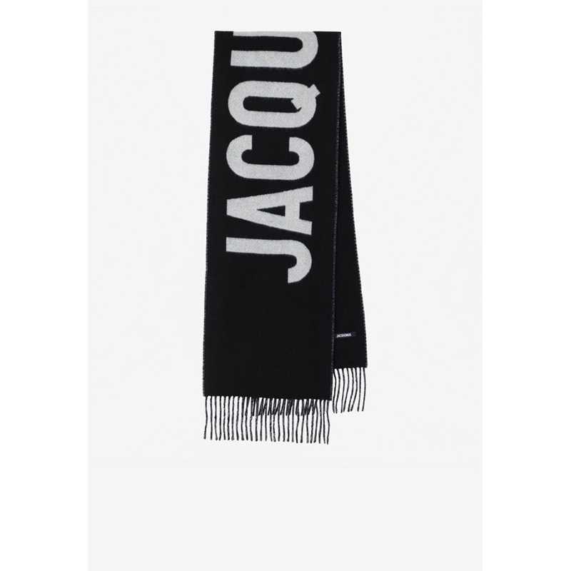 Logo Wool Fringed Scarf Black Onesize