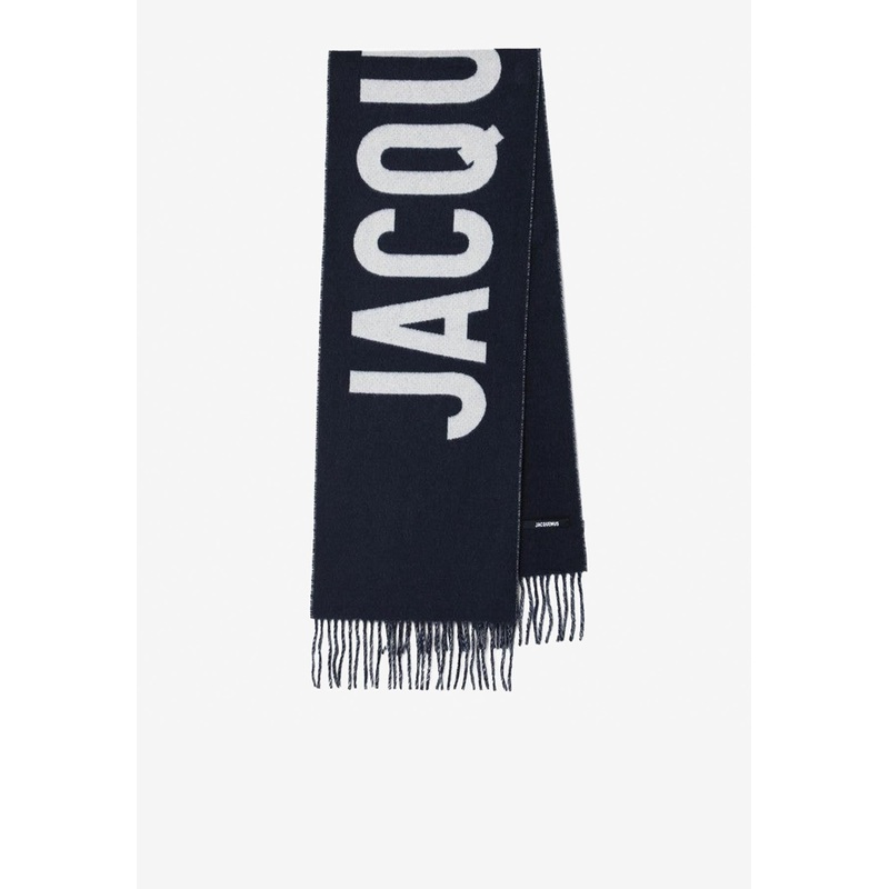 Logo Wool Fringed Scarf Blue Onesize