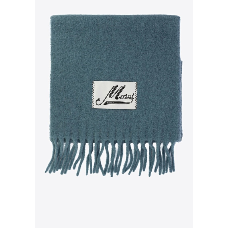Logo Label Fringed Alpaca Scarf Blue Onesize