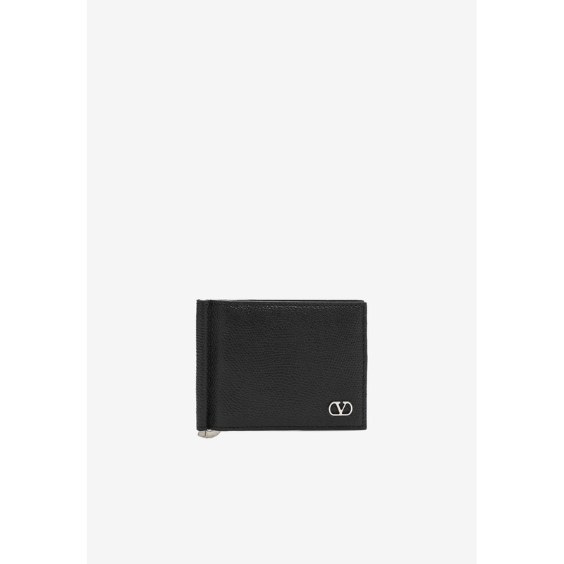 VLogo Bi-Fold Leather Wallet with Money Clip Black Onesize