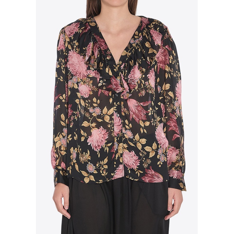 V-neck Floral Print Ruffled Blouse Multicolor wrtwfr_FR 38