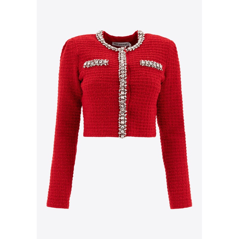 Waffle Knit Crystal Embellished Cardigan Red wrtwstd_M