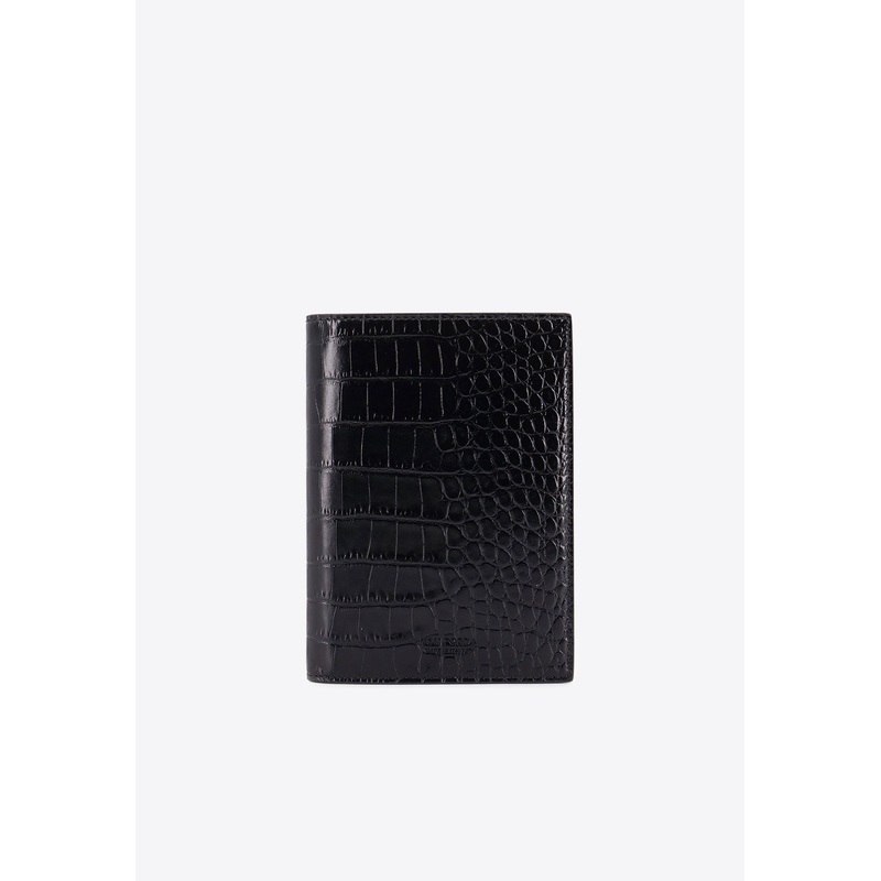 Croc-Embossed Leather Long Wallet Black Onesize