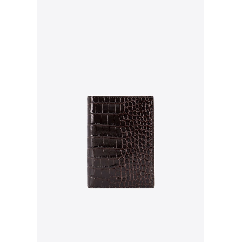 Croc-Embossed Leather Long Wallet Brown Onesize
