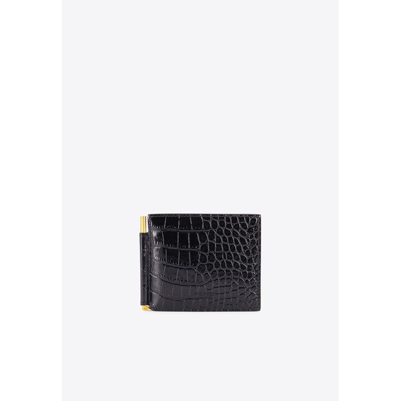 Croc-Embossed Leather Wallet with Money Clip Black Onesize