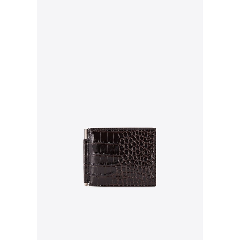 Croc-Embossed Leather Wallet with Money Clip Brown Onesize