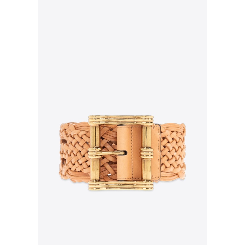 Braided Leather Buckle Belt Brown 70