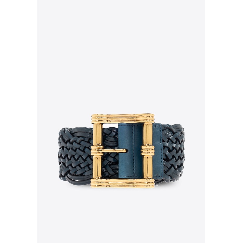 Braided Leather Buckle Belt Navy 70