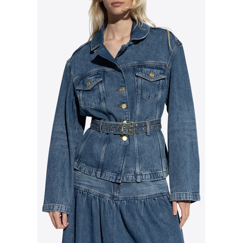 Belted Button-Up Denim Jacket Blue wrtwde_DE 34