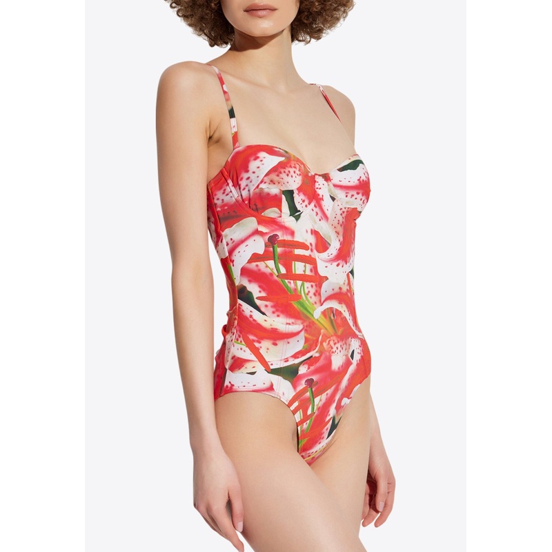 Floral Print One-Piece Swimsuit Red wrtwstd_XS