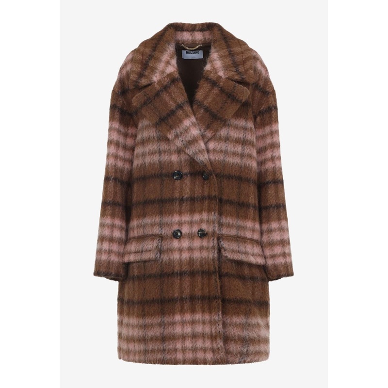 Double-Breasted Faux Fur Checked Coat Brown wrtwit_IT 42