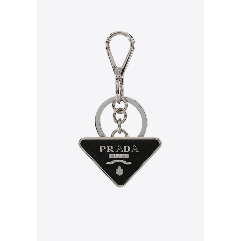 Leather and Metal Triangle Logo Key-Ring Black Onesize