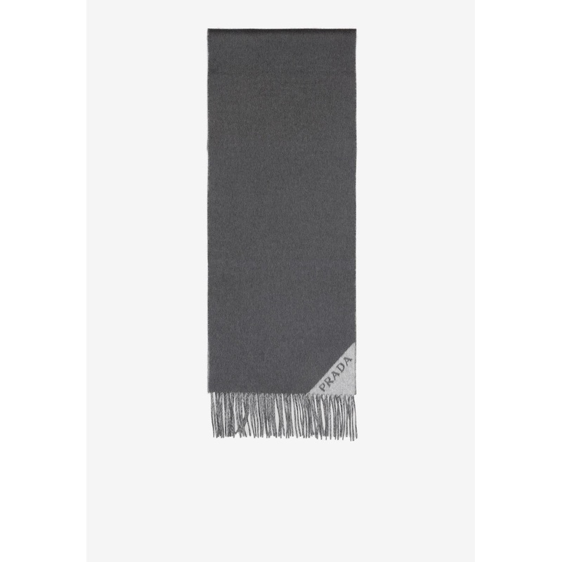 Logo Jacquard Fringed Cashmere Scarf Gray Onesize