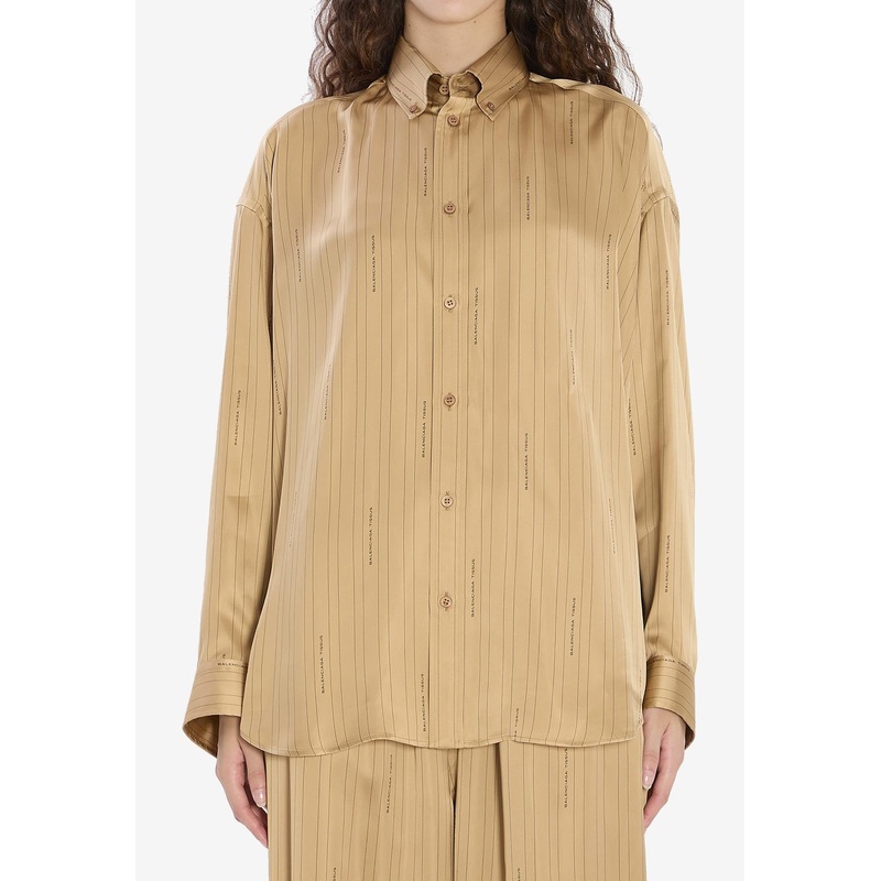 Satin Long-Sleeved Striped Shirt Beige wrtwstd_XXS
