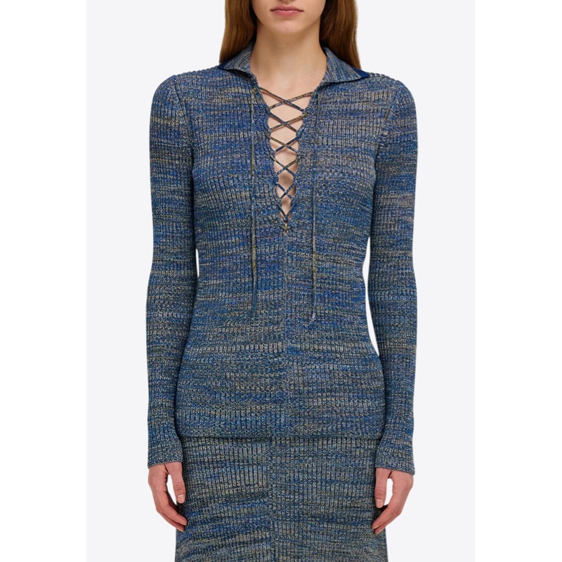 V-neck Knitted Polo Sweater Blue wrtwstd_S