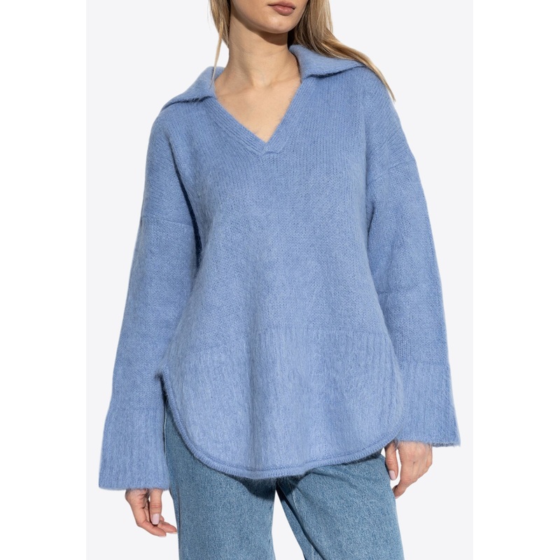 Wool and Alpaca V-neck Sweater Light Blue wrtwstd_XS