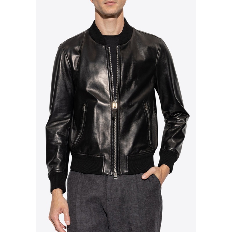 Zip-Up Leather Bomber Jacket Black mrtwit_IT 50