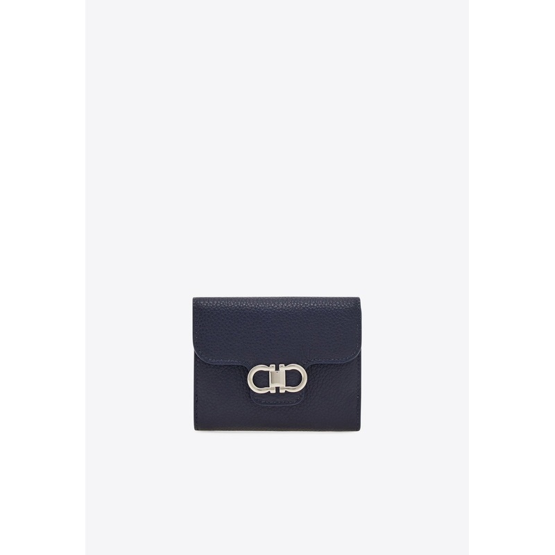 Gancini Grained Leather Compact Wallet Navy Onesize