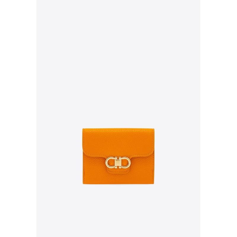 Gancini Grained Leather Compact Wallet Orange Onesize