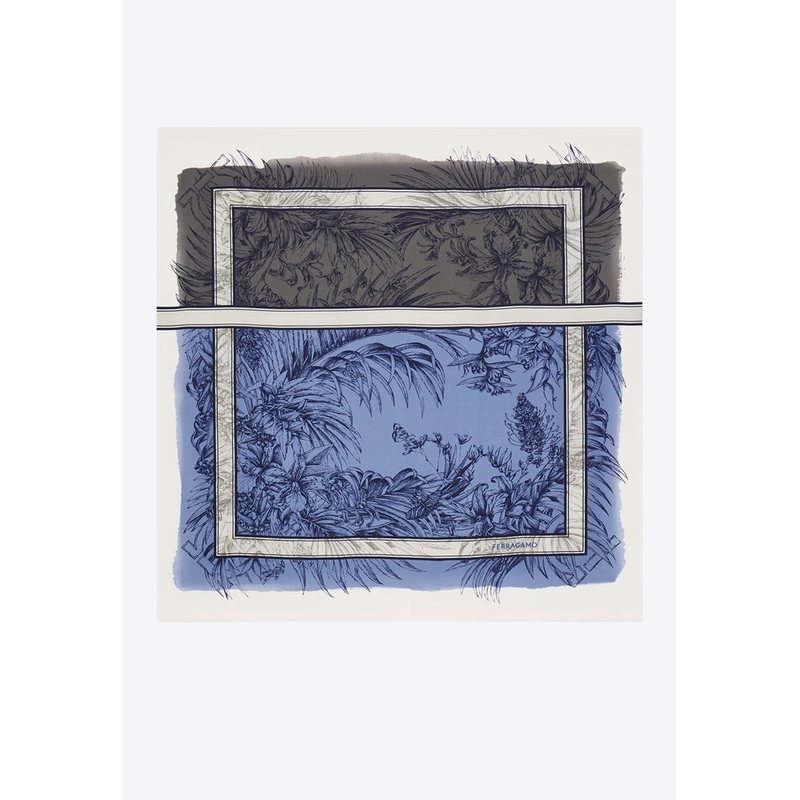 Gravure Print Silk Scarf Blue Onesize