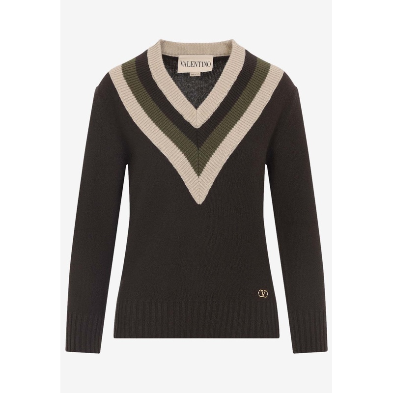 V-Neck Sweater in Wool and Cashmere Brown wrtwstd_XS