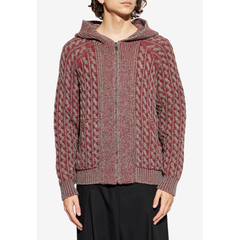 Cable Knit Zip-Up Hooded Cardigan Burgundy mrtwstd_M