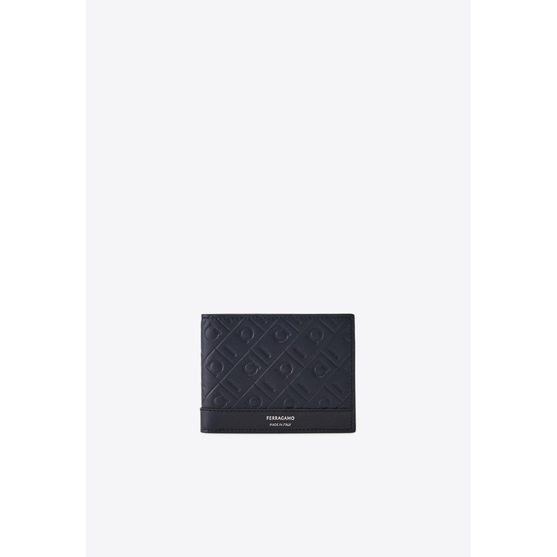 Embossed Monogram Leather Bi-Fold Wallet Navy Onesize