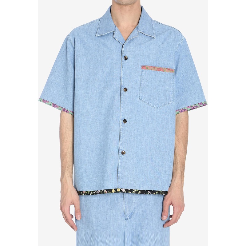 Floral-Trimmed Denim Shirt Light Blue mrtwit_IT 48