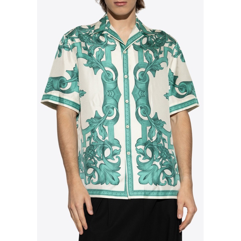 Architectural Baroque Short-Sleeved Silk Shirt Green mrtwit_IT 48
